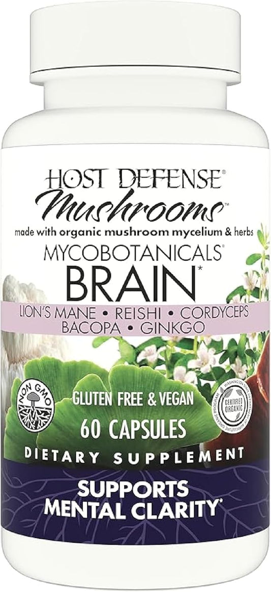 Host Defense MycoBotanicals Brain* Capsules - Brain Support Supplement with Lion's Mane, Reishi & Cordyceps Mushroom - Herbal Supplement for Memory & Focus Support - 60 Capsules (30 Servings)*