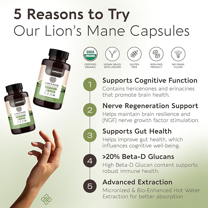 Longevity Botanicals Organic Lion’s Mane Mushroom Extract Capsules (120) | Concentrated 8:1 Ratio | 100% Fruiting Bodies | Hericium Erinaceus Nootropic Supplement for Focus, Memory & Brain Support