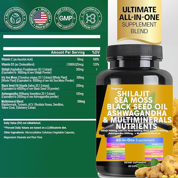 Shilajit 9000mg Sea Moss 6000mg Black Seed Oil 4000mg Ashwagandha 2000mg Burdock 1000mg & Vitamin C & D3 with Elderberry rhodiola rosea Dandelion Yellow Dock Turmeric ACV