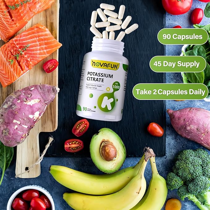 Potassium Citrate 1000mg, Potassium Supplement for Leg Cramps, Muscle & Heart Health, Vegan, Non-GMO, Gluten Free, 90 Capsules