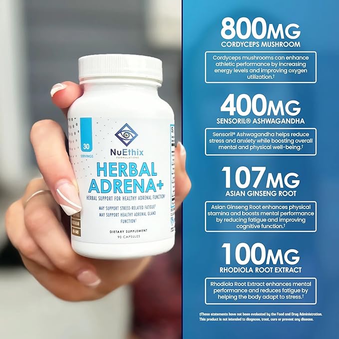NuEthix Formulations Herbal Adrena+, Adrenal Support Supplements for Women & Men, Cortisol Support, Improve Energy Levels & Mood, Includes Cordyceps & Ashwagandha, Non-GMO, Gluten Free, 30 Servings