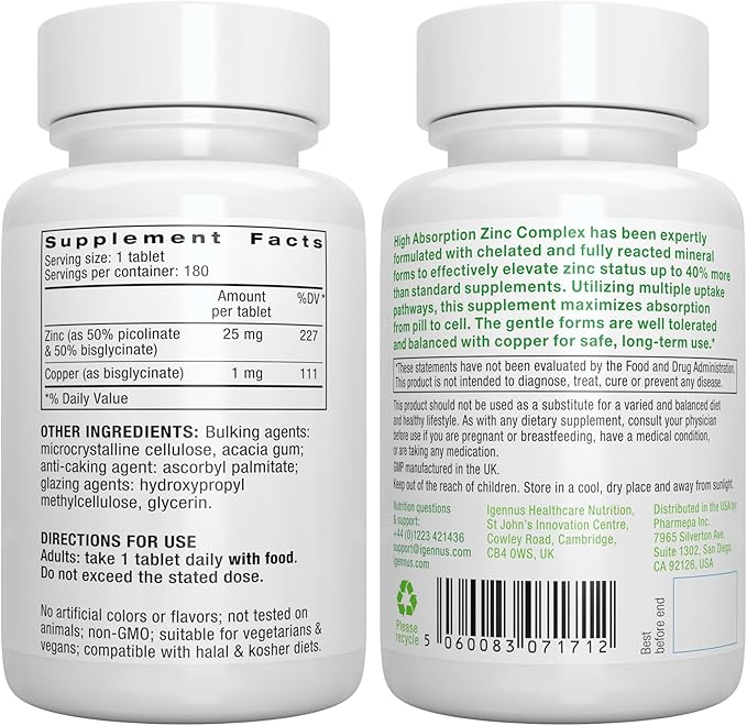 Igennus Chelated Zinc 25mg with Copper, Picolinate & Bisglycinate, Clean Label & High Absorption Complex, Supplement for Women & Men, Vegan, Immune, Skin and Cellular Health, 180 Tablets