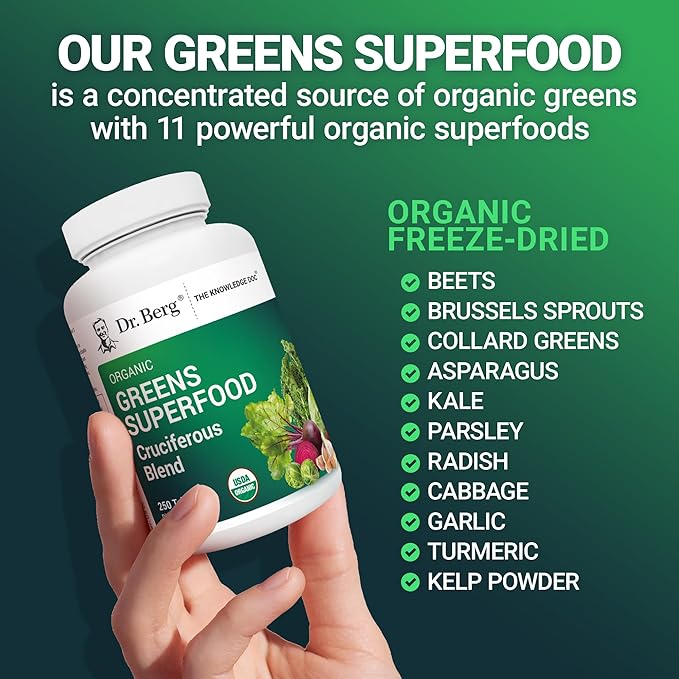 Dr. Berg's Greens Superfood Cruciferous Vegetable Tablets - Vegetable Supplements for Adults w/ 11 Phytonutrient Super Greens Tablets - Energy, Immune System & Liver Veggie Tablets - 250 Tablets