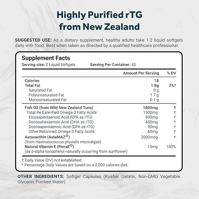 Ultimate rTG Omega 3 Fish Oil 1800mg from Wild New Zealand Tuna - Full Spectrum Omega3s EPA, DHA & DPA - Sustainably Sourced, Non-GMO, Gluten Free - 90 Softgels