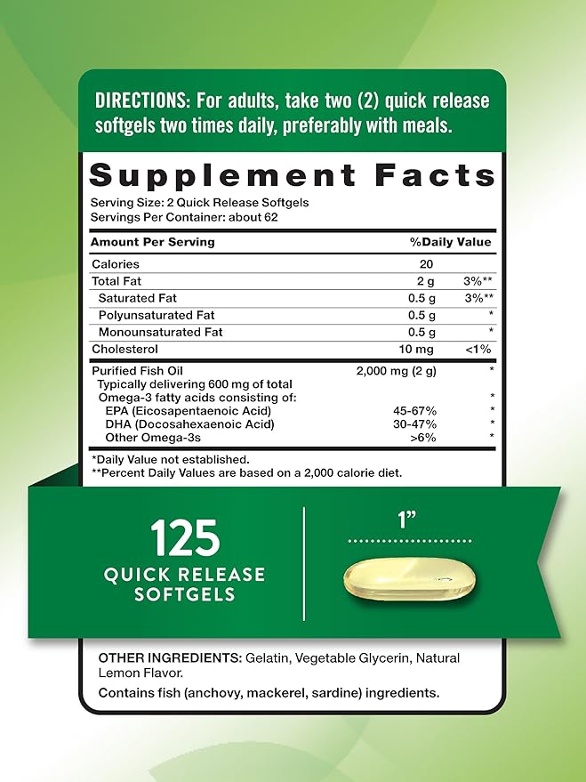 Nature's Truth Omega 3 Fish Oil 2000 mg | 125 Liquid Softgels | Burpless, Lemon Flavor Pills | Non-GMO and Gluten Free Supplement