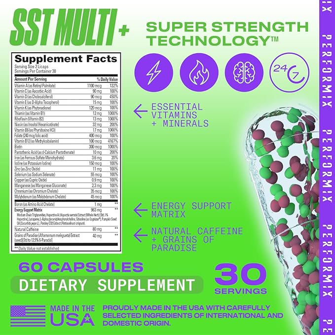 PERFORMIX - SST Multi+ Multivitamin - Natural Energy - Timed-Release - Immune System & Metabolic Support - Weight Goals - Caffeine, Biotin, Vitamin A, C, D, E, B6 & B12 - Women & Men - 60 Count
