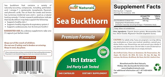 Best Naturals Sea Buckthorn Oil Powder Extract 10:1 500 mg 240 Capsules - Non-GMO, Gluten Free - Contains Naturally Occuring Omega-7 Palmetoleic Acid