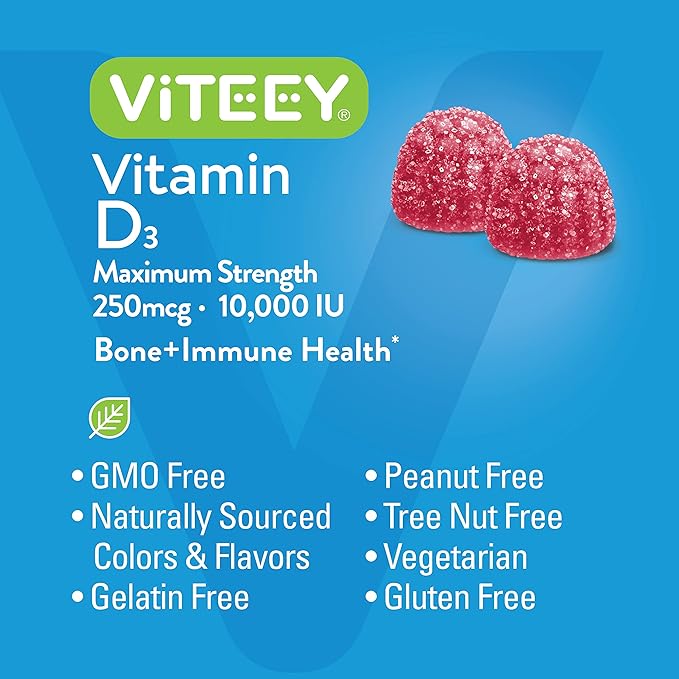 Vitamin D3 Gummies for Adults & Teens - 10,000 IU, 250mcg, Maximum Strength - Joint & Muscle Health, Immune Boost - Chewable Vitamin D Gummies - Vegetarian, Gelatin Free - Tasty Berry Flavored Gummy