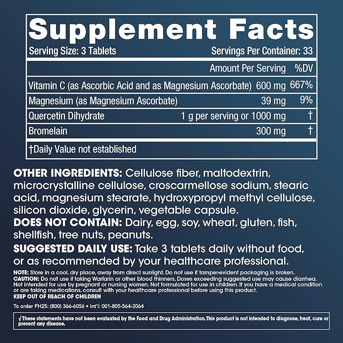 ProHealth Quercetin & Bromelain Complex (100 Tablets) - Natural Anti-Histamine - Sinus and Allergy Support Supplement