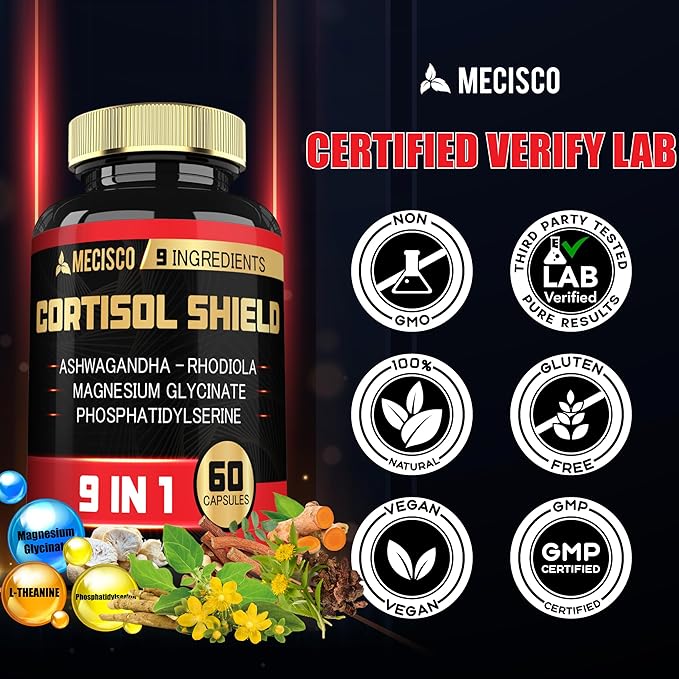 9in1 Cortisol Shield - Ashwagandha & Magnesium Glycinate, Rhodiola, Phosphatidylserine, L-Theanine, Licorice Root, St. John's Wort, Lions Mane - Mind & Mood, Restful Night Support - 60 Capsules