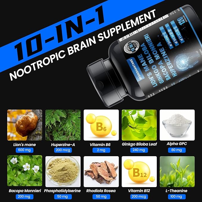 Lion's Mane Supplement Capsules & Bacopa Monnieri-120 Capsules Lion's Mane Mushroom Blend, 10 in 1 for Enhanced Memory, Focus, and Brain Support