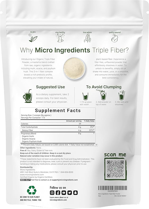 Organic Fiber Supplement (Inulin, Acacia, Psyllium Husk), 2 Pounds, 3-in-1 Formula, Daily Soluble Fiber, Unflavored, Prebiotics Supplement for Digestive Health, Hunger Control, Vegan