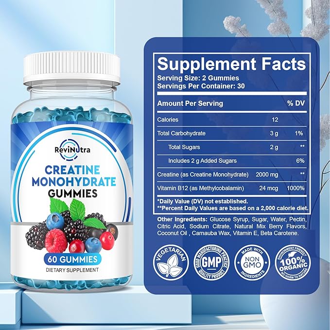 Creatine Monohydrate Gummies for Men & Women, Chewables Creatine Monohydrate with Vitamin B12 for Muscle Growth & Recovery-Vegan, Mixed Berry Flavor, 60 Gummies