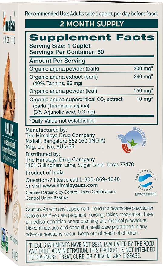 Himalaya Organic Arjuna Herbal Supplement, Cardiovascular Support, Blood Pressure Maintenance, Heart Health, USDA Certified Organic, Non-GMO, Vegan, 700 mg, 60 Plant-Based Caplets, 60 Day Supply