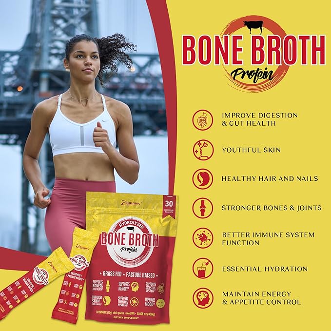 Zammex Bone Broth Packets-20g Collagen Protein-Beef Bone Broth Powder to Go-30 Travel Stick Packets-Supports Skin Nails Joints, Gut Health | Gluten-Free |Keto & Paleo Friendly (15 Servings)