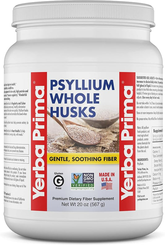 Yerba Prima Psyllium Whole Husks Fiber Supplement - Colon Cleanse - Gut Health - Vegan Non-GMO Gluten Free - 20oz
