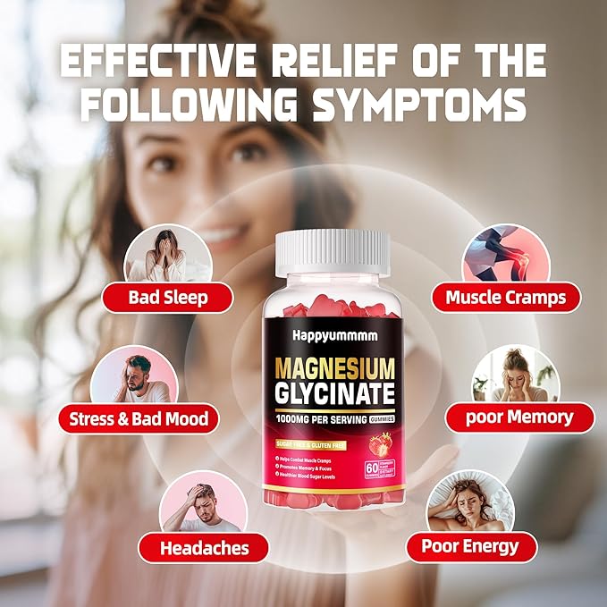 Magnesium Glycinate Gummies 1000mg - Sugar Free Magnesium Potassium Supplement with Vitamin D, B6, CoQ10 for Calm Mood & Sleep Support - 60 Strawberry Gummies.