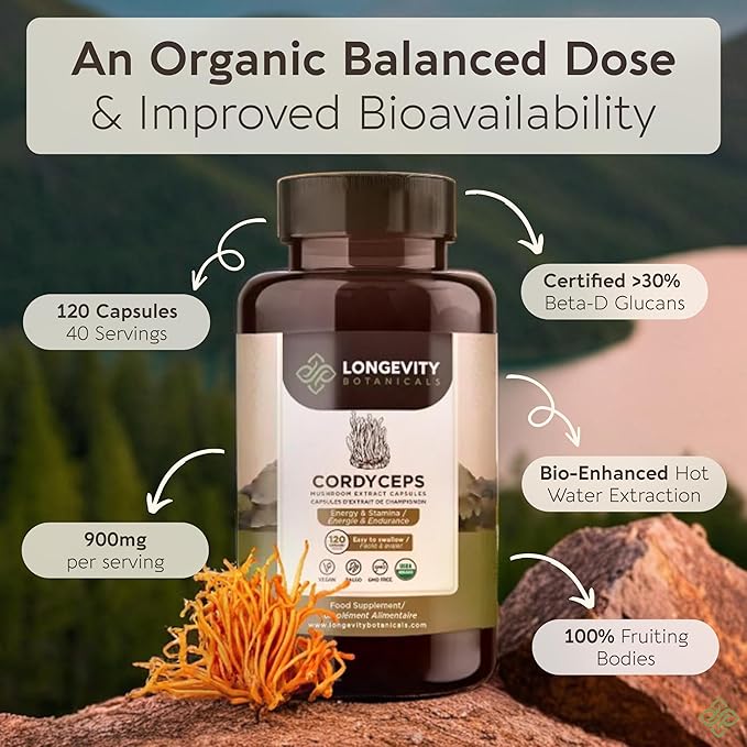 Longevity Botanicals Organic Cordyceps Mushroom Extract Capsules (120) | Concentrated 10:1 Ratio | 100% Fruiting Bodies | Cordyceps Militaris Natural Supplement for Respiratory & Performance Support