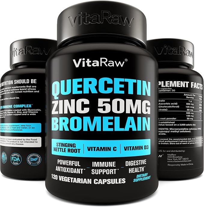 Quercetin with Bromelain 500mg Capsules, Supports Immune Response, Joint Comfort, & Overall Wellness - Vitamin C, Zinc 50mg, & Vitamin D3 5000 IU - Immunity Health Pills Quercetin Bromelain Supplement