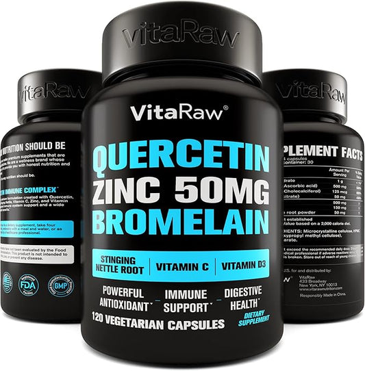 Quercetin with Bromelain 500mg Capsules, Supports Immune Response, Joint Comfort, & Overall Wellness - Vitamin C, Zinc 50mg, & Vitamin D3 5000 IU - Immunity Health Pills Quercetin Bromelain Supplement