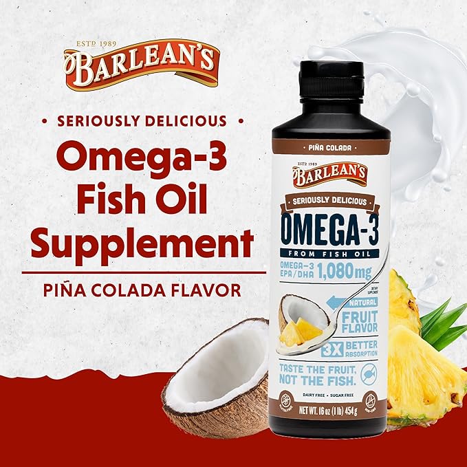 Barlean's Omega 3 Fish Oil Liquid Supplement with Vitamin D, Pina Colada, 1080mg EPA and DHA Fatty Acid, 16 oz