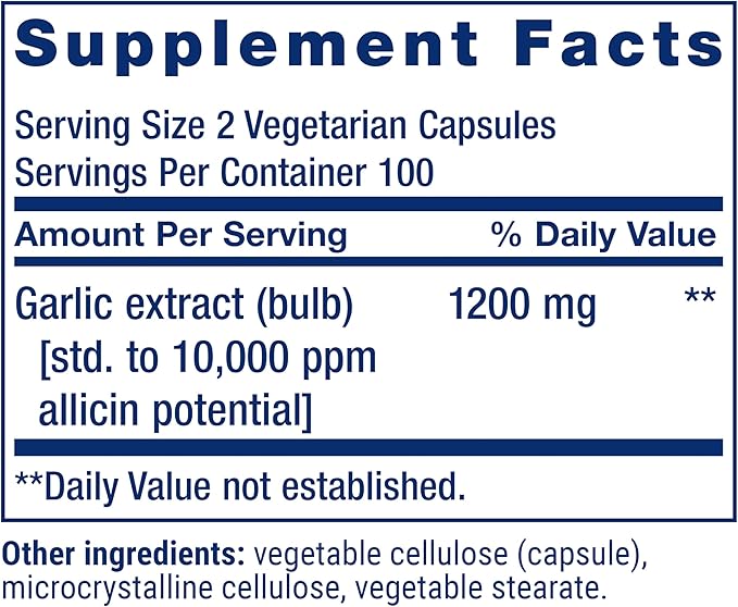 Life Extension Optimized Garlic, standardized Capsules for Heart Health, Immune Support, Cellular detoxification and Healthy platelet Function, Gluten-Free, Non-GMO, Vegetarian, 200 Capsules