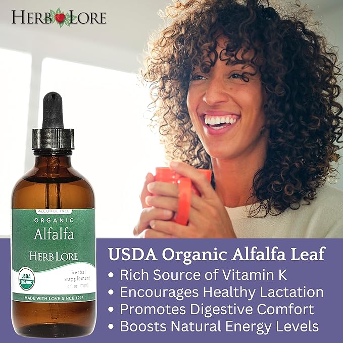 Herb Lore Organic Alfalfa Leaf Tincture – Alcohol Free Liquid Herbal Support Supplement Drops for Pregnancy, Lactation & Overall Wellness (4 fl oz)