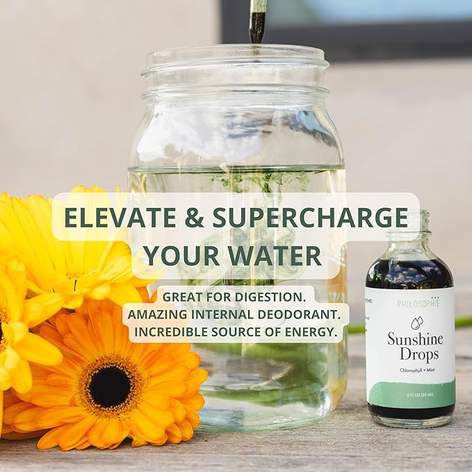 Philosophie Liquid Chlorophyll Sunshine Drops for Water | Organic Chlorophyll Drops with Mint for Detox, Internal Deodorant & Energy Boost | Natural Vegan Supplement, Non-GMO, 2oz