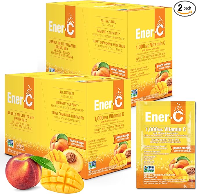 Ener-C Multivitamin Drink Mix - Vitamin Packets for Water, Electrolytes Powder Packets, Vitamin Drink Mix, Hydration Liquid Mix, Immune Booster for Adults, Healthy Energy - Peach Mango, 60 Count