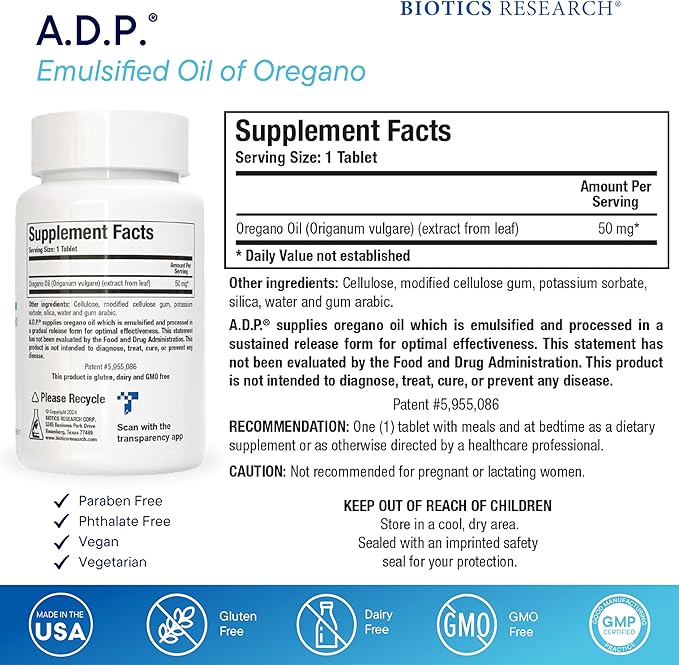 Biotics Research A.D.P.- Emulsified Oil of Oregano -Patented Formula, Wild Oregano Oil 50mg/S- Highly Concentrated Carvacrol - Sustained Release for High Absorption, GI Health –120 Tablets