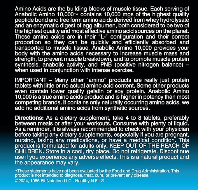 Healthy 'N Fit - Anabolic Amino 10,000 -Amino Acid Tablets (180)- Hydrolyzed Egg & Whey Source- FAST Absorbing