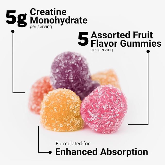 Force Factor Creatine Gummies, Creatine Monohydrate for Muscle Gain, More Strength, and Faster Recovery, Clinically Studied Creatine 5g Dose, Assorted Fruit Flavors, 30 Servings