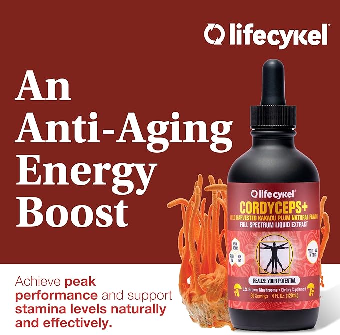 Lifecykel Cordyceps Mushroom Extract with Kakadu Plum - Energy, Stamina & Vitality Support, Natural Aging Supplement - Non-GMO and Vegan Tincture - 1Fl Oz