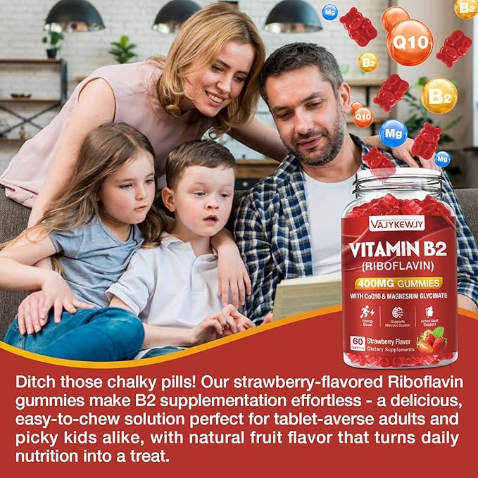 Vitamin B2 Gummies Riboflavin 400mg Strawberries Flavor, 120 Count,Vegan, Sugar-Free