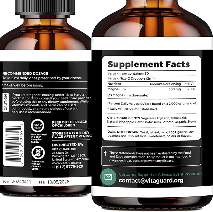 Magnesium L-Threonate Liquid Drops – 500mg High-Absorption Brain Support, Pineapple Flavor, 60ML Vegan, Gluten-Free, Non-GMO
