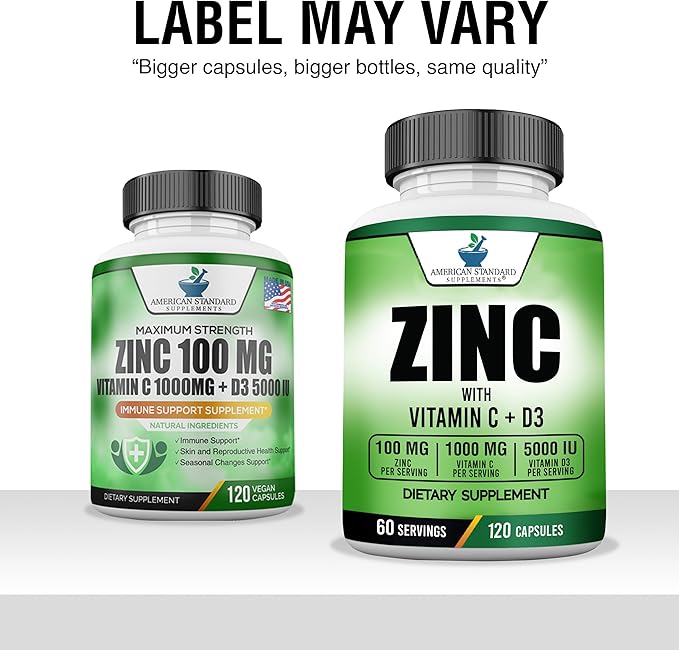 American Standard Supplements Zinc 100mg, Vitamin C 1000mg, and Vitamin D3 5000 IU (125mcg) Per Serving - Gluten Free, Non-GMO, 120 Capsules, 60 Servings