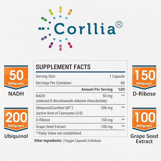 Corlia NADH 50mg + CoQ10 200mg + D-Ribose 150mg Supplement, Enhance NAD+ Supplement for Energy, Fatigue, Reduced Nicotinamide Adenine Dinucleotide, 360 Veggie Capsules