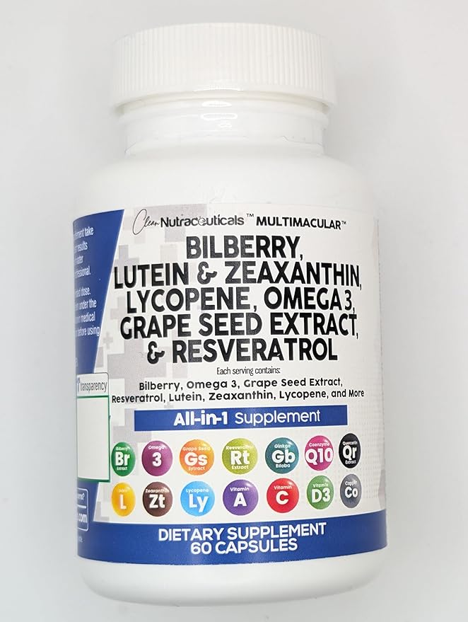Clean Nutra Eye Vitamins with Bilberry Lutein and Zeaxanthin Supplements Lycopene 40mg Resveratrol Grape Seed Astaxanthin for Eyes - Eye Care Health Support Eye Vitamin and Mineral Supplement