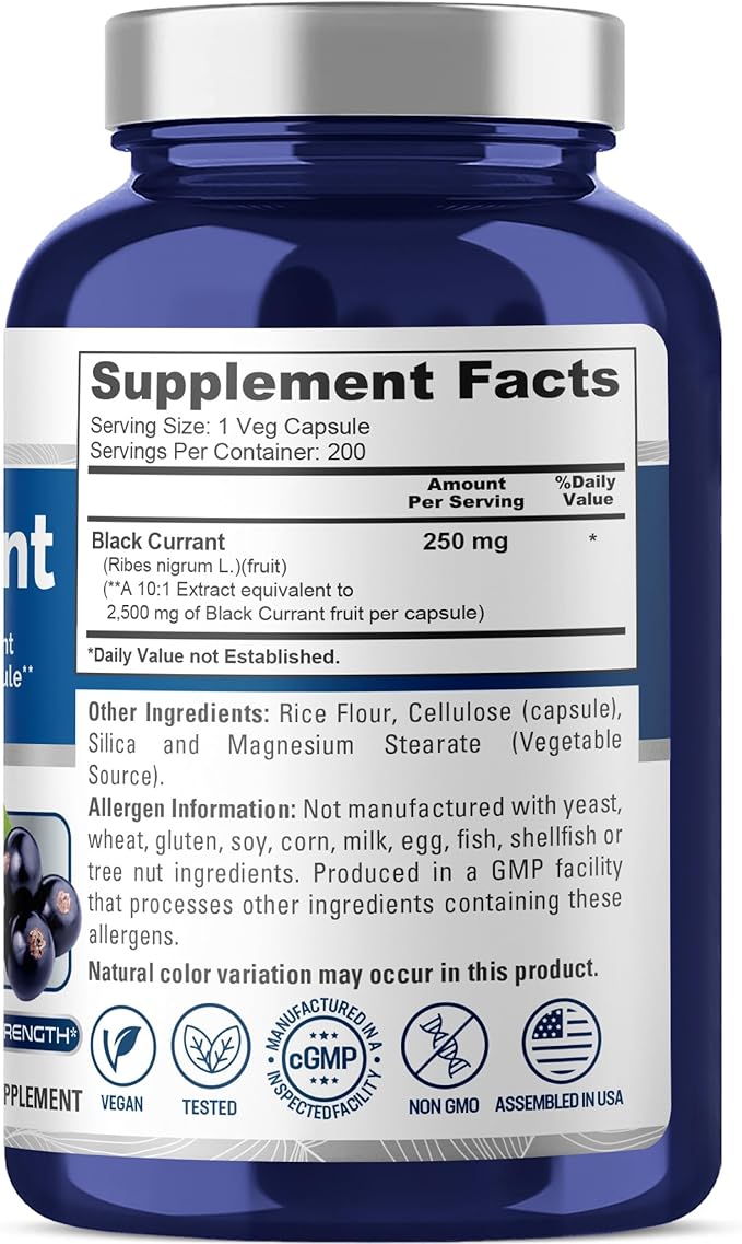 NusaPure Black Currant 10:1 Extract, 250 mg Equivalent to 2,500mg, per Caps 200 Veggie Capsules Vegan, Non-GMO