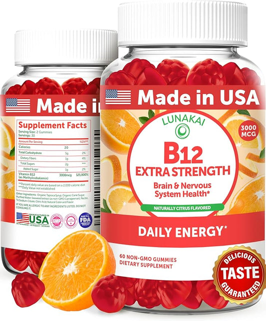 Lunakai Extra Strength 3000mcg Vitamin B12 Gummies - USA Made, Delicious Daily Energy & Metabolism Support - Vegan B12 Methylcobalamin Supplement 60ct