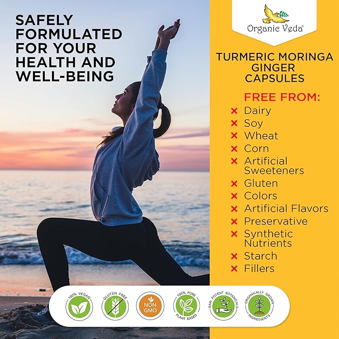 Organic Veda Turmeric Moringa Ginger Capsules - Super Antioxidants & Curcumin Supplement with 20:1 Moringa Leaf & Seed Extract, Black Pepper - Energy, Joints, Heart Health Support - 60 Vegan Pills