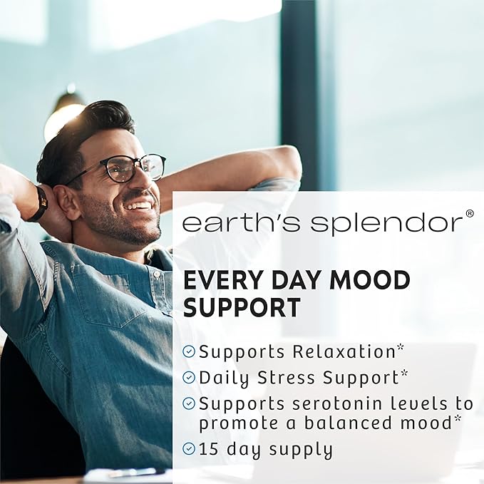 Earth's Splendor 5-HTP Dietary Supplement for Men & Women, Supports a Balanced Mood & Aids in Stress Support, Provides Sense of Calm No Artificial Preservatives Color or Flavor Non-GMO 100 MG
