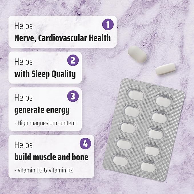 YDY Chelated Magnesium with K2 - Magnesium 200mg, Vitamin D3 25mcg, K2 100mcg - High Absorption, Supports Muscle, Bone, Nerve, Sleep - 60 Tablets