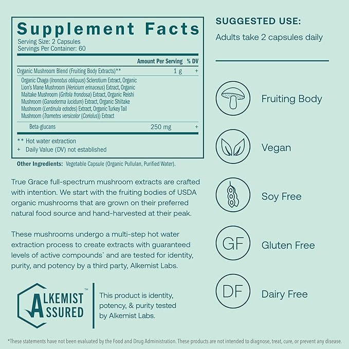 True Grace Mushroom Myco-Renew Blend Daily Immune Support - 120 Count Capsules - Organic