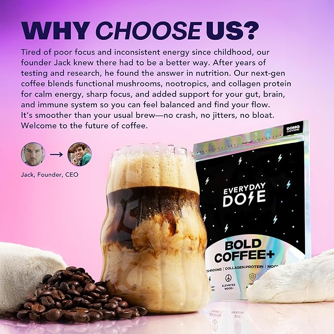Everyday Dose Bold Medium Roast Mushroom Coffee 90mg Caffeine per Serving with Grass-Fed Collagen, Chaga, Lions Mane & L-Theanine for Better Focus, Energy, Digestion, Skin, and Immunity 30 Servings
