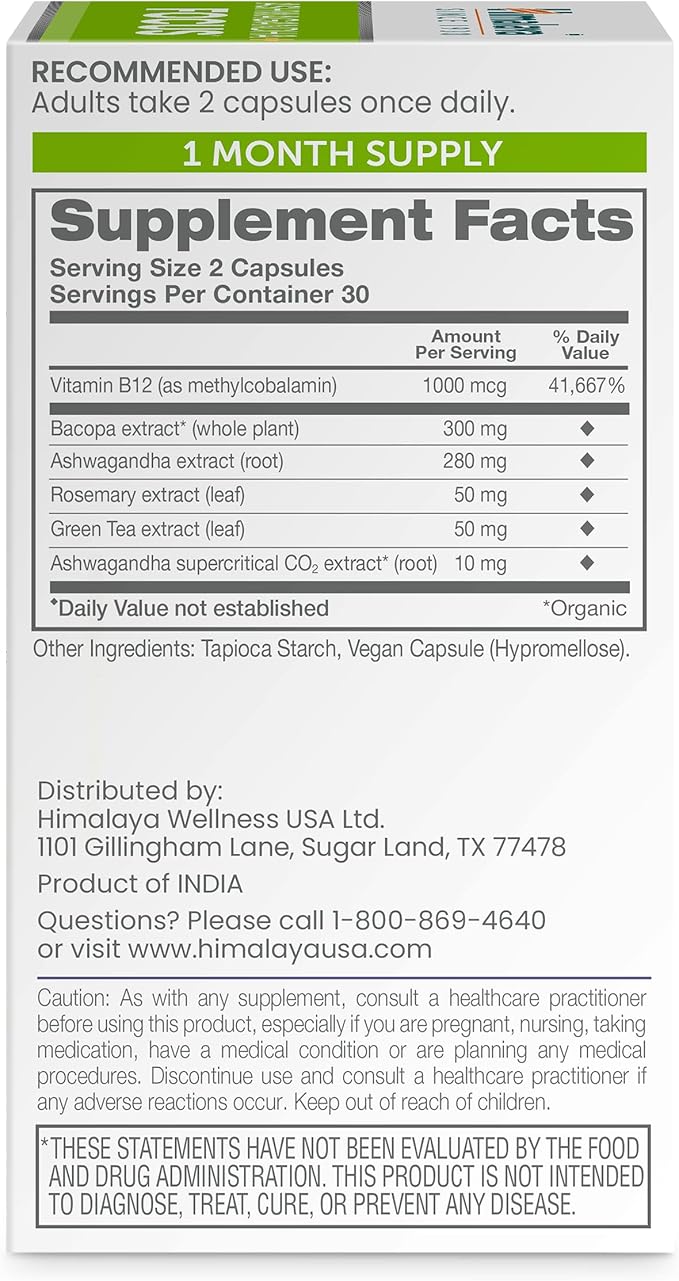 Himalaya Ashwagandha+ Focus with Ashwagandha, Bacopa, Rosemary & Green Tea for Memory, Focus and Clarity, 60 Capsules, 1 Month Supply, Vegan, Gluten Free