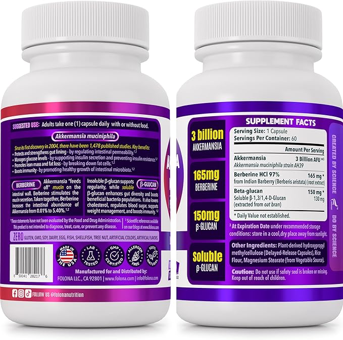 Delayed Release Akkermansia GLP-1 Probiotic with Berberine and Soluble Beta-Glucan Prebiotic Fiber; 3 Billion AFU, 60 Capsules, for Gut Health Support