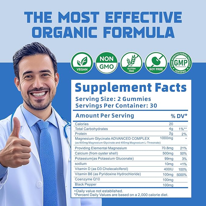 Magnesium Glycinate Gummies 1000mg - Sugar Free Magnesium Potassium Supplement with Vitamin D, B6, CoQ10 for Calm Mood & Sleep Support - 60 Blueberry Gummies