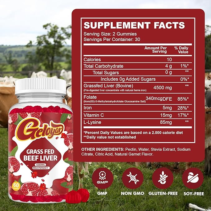 Beef Liver Supplement - Grass Fed Beef Liver Gummies, Heme Iron Supplement with Folate, Vitamin C & L-Lysine - Energy Support for Fatigue & Muscle Recovery, Non GMO, Gluten-Free, 60 Counts