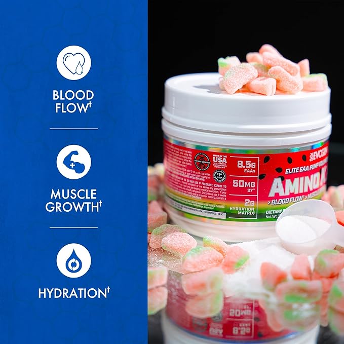Evogen Amino K.E.M. - EAA & BCAA Powder Pump Volumizer | BCAAs Amino Acids Supplement for Blood Flow, Muscle Growth, & Hydration | Sour Watermelon | 30 Servings